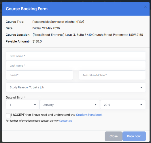 Course booking form on the Short Courses Australia website
