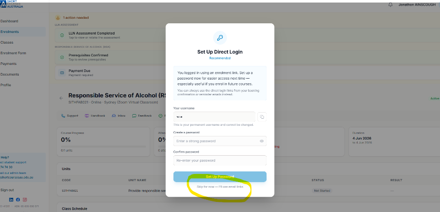 Set up a direct Student Portal login or skip this step